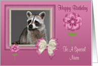 Birthday To Niece, Raccoon in bow frame with flowers card
