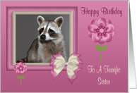 Birthday To Sister, Raccoon in bow frame with flowers card