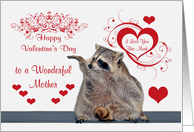 Valentine’s Day to Mother, Raccoon with fancy, red heart designs card