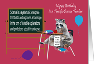 Birthday To Science Teacher, Raccoon sitting in a school desk, apple card