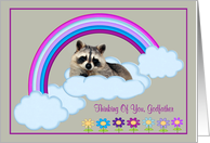 Thinking Of You Godfather, Raccoon on a rainbow with clouds, flowers card
