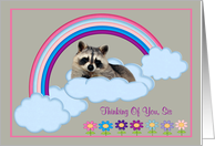 Thinking Of You Sister, Raccoon on a rainbow with clouds and flowers card
