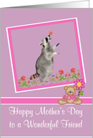 Mother’s Day to Friend, Raccoon with a butterfly on his nose, purple card