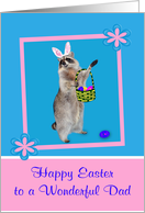 Easter to Dad, Raccoon with bunny ears, pink flower frame on blue card