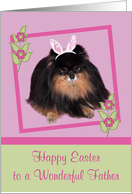 Easter to Father, Pomeranian with bunny ears, butterfly, flower, lilac card