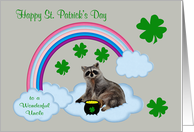 St. Patrick’s Day to Uncle, Raccoon with a pot of gold, rainbow, gray card