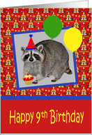 9th Birthday, adorable raccoon wearing a party hat with a cupcake card