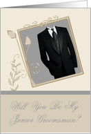 Invitations, Will You Be My Junior Groomsman, Tuxedo, silver frame card