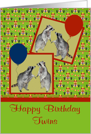 Birthday To Twins, Raccoons with balloons card