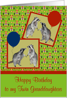 Birthday to Twin Granddaughters, Two cute raccoons with balloons card
