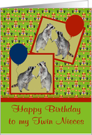 Birthday to Twin Nieces, Raccoons with balloons on clown background card