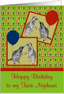 Birthday to Twin Nephews Two raccoons with Balloons on Clown Paper card