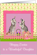 Easter to Daughter, Raccoons with basket of eggs in pink frame, purple card