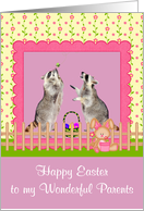 Easter to Parents, Raccoons with basket of eggs in pink frame, purple card