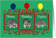 Birthday To Triplets, Raccoons with balloons card