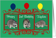 2nd Birthday To Triplets, Three Raccoons with balloons, fancy frame card