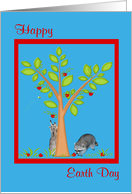 Earth Day, general, Raccoons next to apple tree in a red frame on blue card