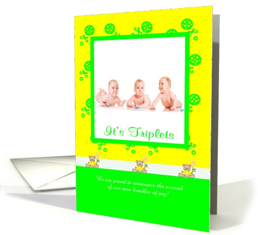 Birth Announcement Photo Card, It's Triplets, gender neutral card