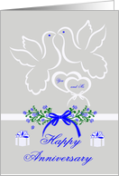 Wedding Anniversary to Spouse, general, white doves kissing, flowers card