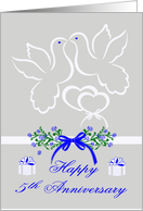 5th Wedding Anniversary, white doves kissing over joined hearts card