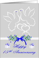 15th Wedding Anniversary, white doves kissing over joined hearts card