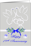 19th Anniversary, wedding, white doves kissing over joined hearts card