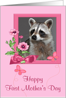 Mother’s Day, First, portrait of a raccoon in a pink flower frame, bow card