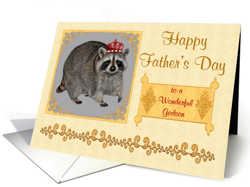 Father's Day To Godson, Raccoon wearing a king's crown, red, gold card