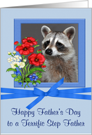 Father’s Day To Step Father, Portrait of a raccoon in flower frame card