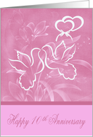 10th Anniversary with Beautiful Doves Kissing Over Joined Hearts card