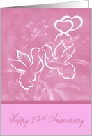 14th Anniversary, beautiful doves kissing over joined hearts with bow card
