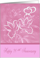 20th Anniversary, beautiful doves kissing over joined hearts with bow card