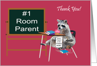 Thank You Room Parent, raccoon sitting at a school desk, cupcake card