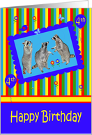 4th Birthday, adorable raccoons in a cute blue frame with balloons card