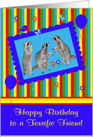 Birthday to Friend, adorable raccoons in a cute blue frame, balloons card