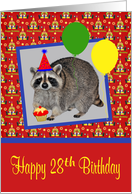 28th Birthday, adorable raccoon wearing a party hat with a cupcake card