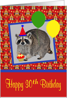 30th Birthday, adorable raccoon wearing a party hat with a cupcake card