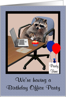 Invitations, Birthday Office Party, cute raccoon in a office setting card