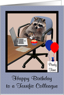 Birthday to Colleague, Raccoon in a office setting with cupcake, blue card