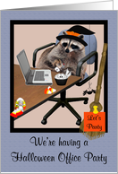 Invitations, Halloween Office Party, cute raccoon in an office setting card