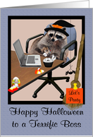 Halloween to Boss, Raccoon in an office setting wearing a witch hat card