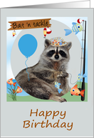 Birthday, general, Raccoon holding a line of fish on a pole, balloon card