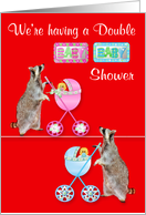 Invitations, Double Baby Shower, Girl and Boy, Raccoons, strollers card