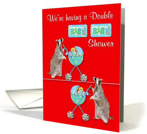 Invitations, Double Baby Shower, Boys, raccoons pushing strollers card