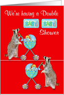 Invitations, Double Baby Shower, Boys, raccoons pushing strollers card