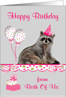 Birthday from Both Of Us, Raccoon Wearing a Party Hat with balloons card