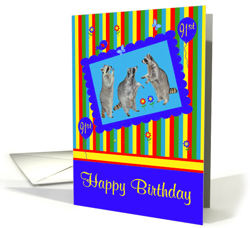 91st Birthday, adorable raccoons in a cute blue frame with... (941015)