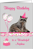 Birthday to Nephew, adorable raccoon wearing a party hat, balloons card