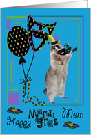 Mardi Gras To Mom, Raccoon holding a mask wearing a jester hat card
