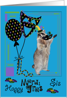 Mardi Gras To Sister, Raccoon holding a mask wearing a jester hat card